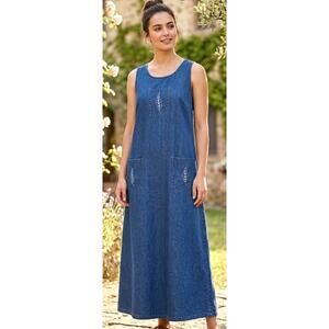 Vintage Blue J. Comfy Denim Chambray Jumper Dress with Embroidered Leaf Motif